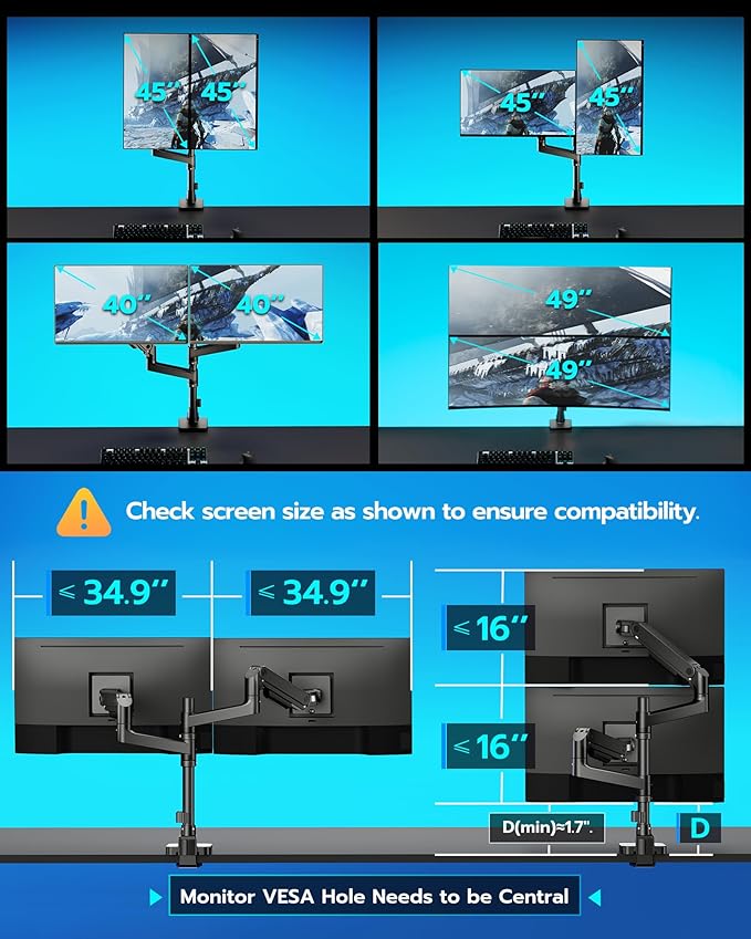 ARES WING Dual Monitor Stand for Ultrawide Heavy Duty Curved Monitor Stacking, Fits 17-49 Inch, Vertical Gas Spring Double Monitor Mount with USB, Adjustable Dual Monitor Mount for Desk, Black