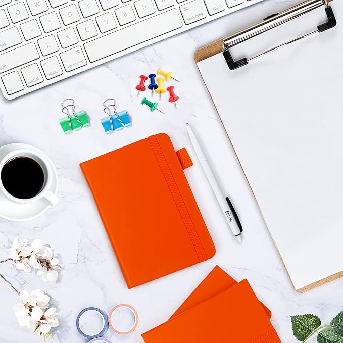feela 3 Pack Pocket Notebook Journals with 3 Black Pens, A6 Mini Cute Small Journal Notebook Bulk Hardcover College Ruled Notepad with Pen Holder for Office School Supplies, 3.5”x 5.5”, Orange