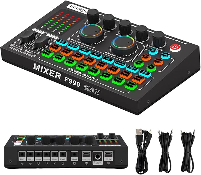 F999MAX Live Sound Card, Professional Audio Mixer & Noise Reduction, Metal Body & Indicator Panel, Audio Interface & Voice Changer, RGB Lighting Effects, DJ Mixer for Live/Gaming/Podcasting/Karaoke