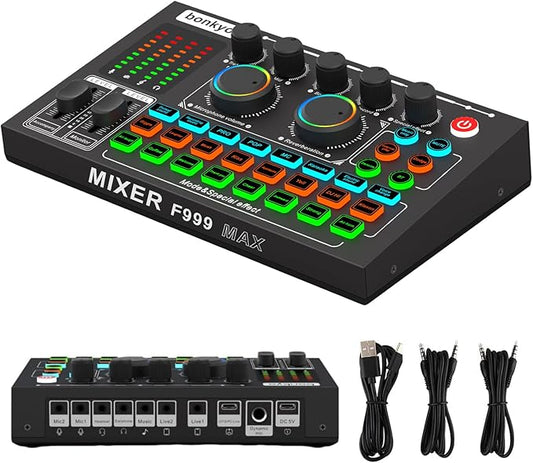 F999MAX Live Sound Card, Professional Audio Mixer & Noise Reduction, Metal Body & Indicator Panel, Audio Interface & Voice Changer, RGB Lighting Effects, DJ Mixer for Live/Gaming/Podcasting/Karaoke