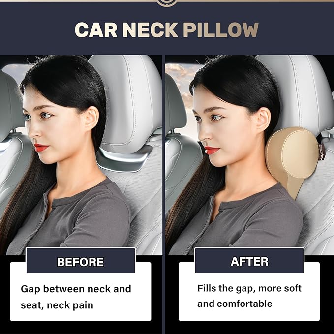 Coverado Car Headrest Pillow, Ergonomic Memory Foam Car Neck Pillow for Driving Seat with Adjustable Strap, Soft PU Leather Breathable Removable Cover Neck Support for Neck Pain Relief - Beige