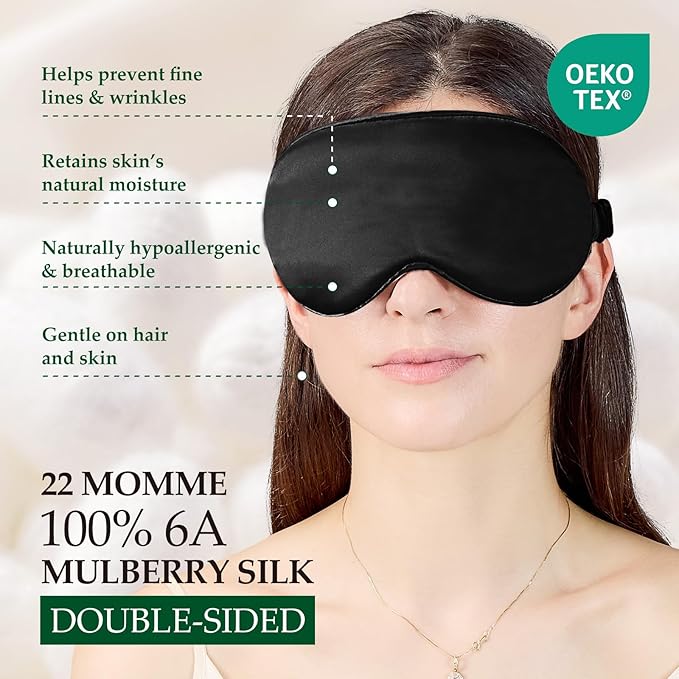 100% Mulberry Silk Sleep Mask for Unisex, 22 Momme 3D Silk Contoured Eye Mask, Breathable Light Blocking Blindfold with Adjustable Strap, Blackout Eye Cover for Travel, Black