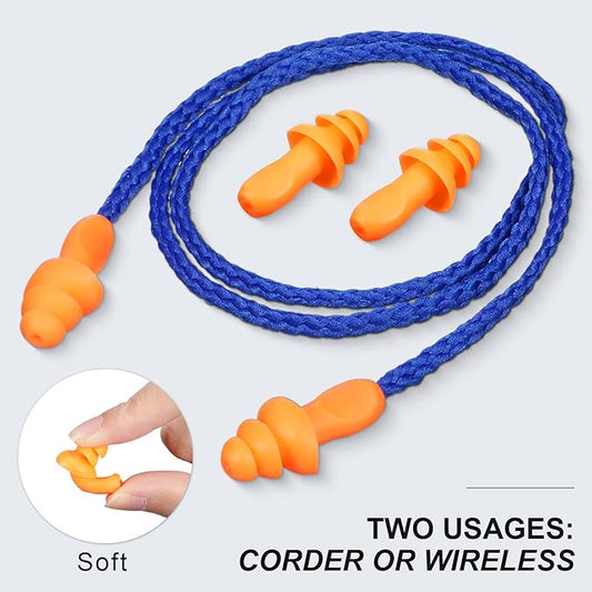 Tondiamo 200 Pairs Ear Plugs Reusable Silicone Earplugs with Cord Sleeping Individually Wrapped Hearing Protection Noise Cancelling Earplugs for Work Construction Shooting Sports(Blue, Orange)