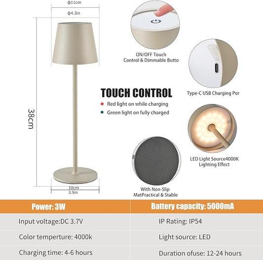 2 Pack Cordless Table Lamp, 5000mAh Portable Rechargeable LED Desk Lamp, 3 Color Modes Stepless Dimming Table Light with Memory Function, for Dinner, Patio, Home, Restaurant.