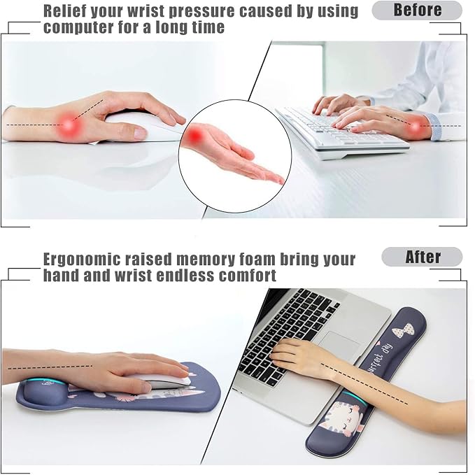 RICHEN Keyboard Wrist Rest Pad and Mouse Wrist Rest Support Mouse Pad Set,Sturdy & Comfortable & Lightweight for Easy Typing & Pain Relief-Ergonomic Support (Cute Cat)