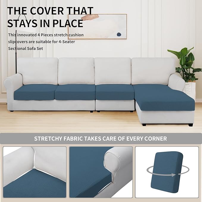 Easy-Going Stretch 4 Pieces Couch Cushion Covers for Sectional Sofa Left/Right L Shape Chaise Lounge Sofa Seat slipcover Anti-Slip Sofa Cover Soft (3 Seater + 1 Chaise, Bluestone)
