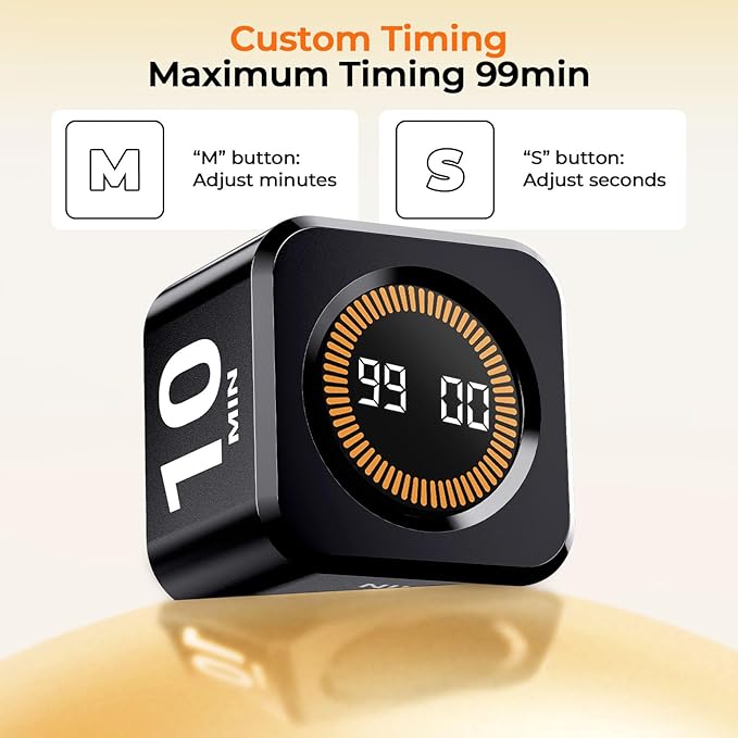 EooCoo Pomodoro Timer Cube, Visual Focus Timer with Gravity, Countdown 5/10/25/50 Min, Adjustable Silent, Rechargeable Productivity Tool for Office, Kitchen, Gym, Yoga, Meditation, Classroom