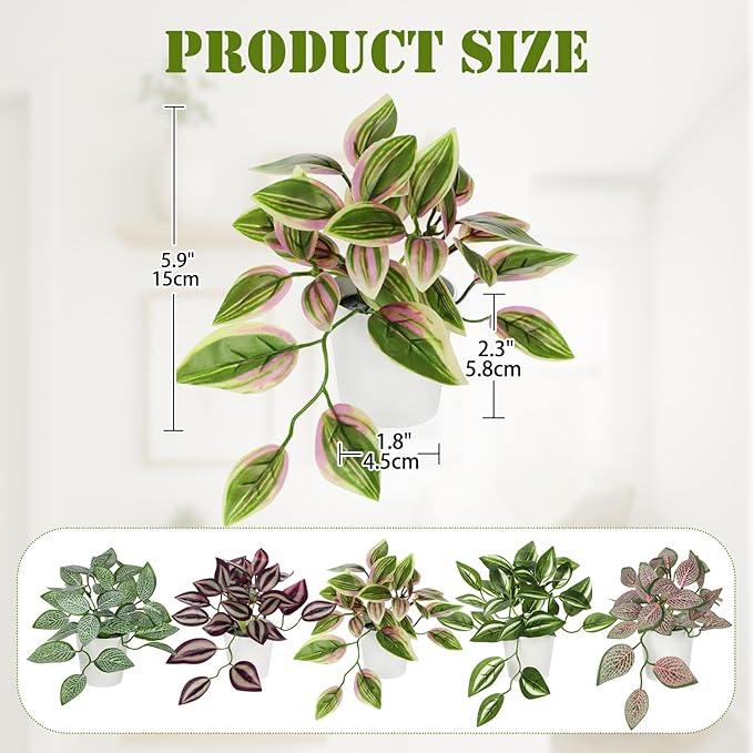 Hollyone Fake Plants 6 Pack Artificial Plants Indoor Faux Plant with White Plastic Pot Small Fake Potted Plant for Home Aesthetic Living Room Bathroom Desk Shelf Office Decor