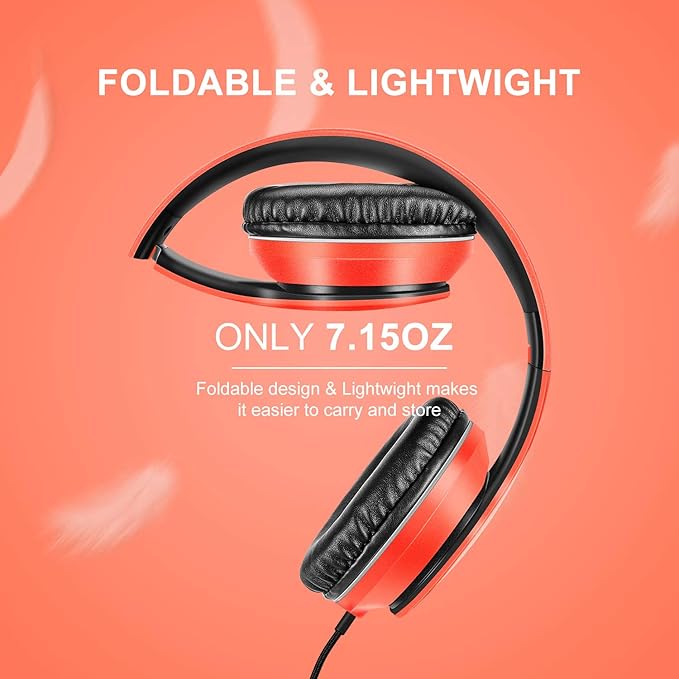 LORELEI X6 Over-Ear Headphones with Microphone, Lightweight Foldable & Portable Stereo Bass Headphones with 1.45M No-Tangle,Wired Headphones for Smartphone Tablet MP3 / 4 (Vitality Orange)