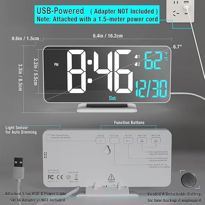 KOSUMOSU Digital LED Clocks for Bedrooms 6.7in White Alarm Clock, Dimming, 12/24h, Date, Day of Week,Temp,Desk Clock, LED Clock for Bedside, Digital Calendar Clocks for Living Room Essentials