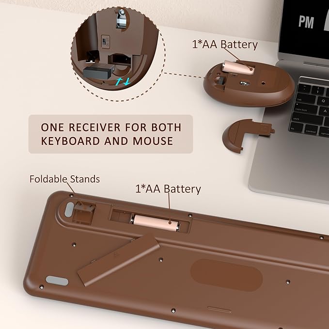 Colorful Wireless Keyboard and Mouse Combo, COVEVA 2.4GHz Wireless Retro Cute Round Keycaps Keyboard, 104 Keys Full-Sized Keyboard Mouse Set with Switch Button for PC Laptop Desktop (Brown Colorful)