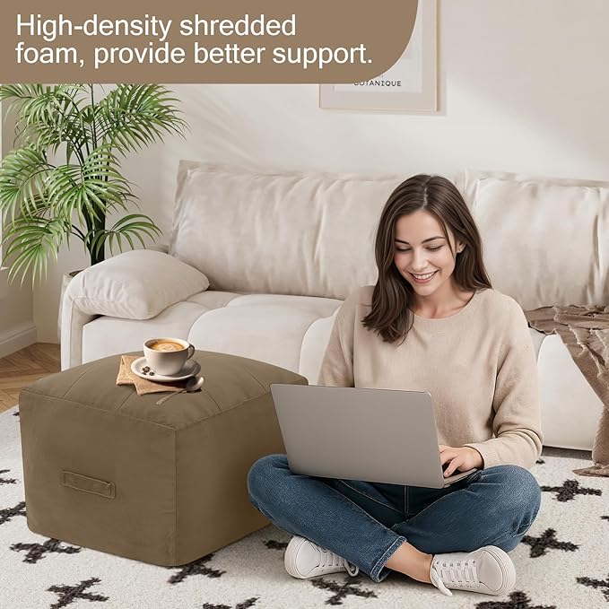 MeMoreCool Square Stuffed Pouf Ottoman Foot Rest, Floor Pouf Foot Stool with Foam Chunk Filling, Soft Stuffed Ottoman Footrest for Living Room, Light Coffee