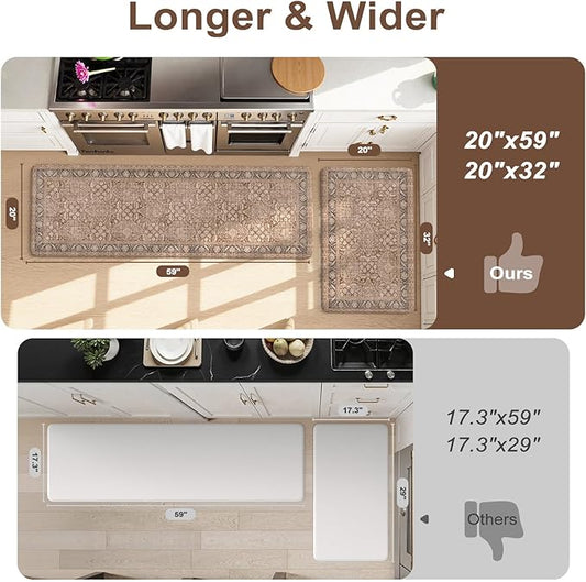 KIMODE Anti Fatigue Kitchen Mat 20"x59"+20"x32", Boho Distressed Kitchen Rugs Sets of 2, Kitchen Mats for Floor Cushioned Non Slip, Comfort Kitchen Floor Mats for Sink, Laundry, Desk Brown