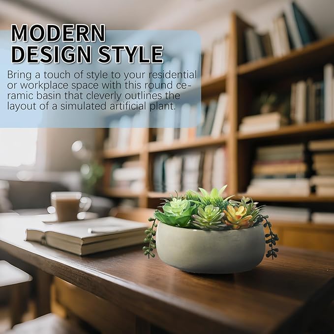 8 Inch Round Artificial Succulent Plants Potted Indoor with Ceramic Pot - Fake Low Maintenance Plants for Bedroom, Bathroom, Coffee Table Decor - Home Office Desk & Room Aesthetics