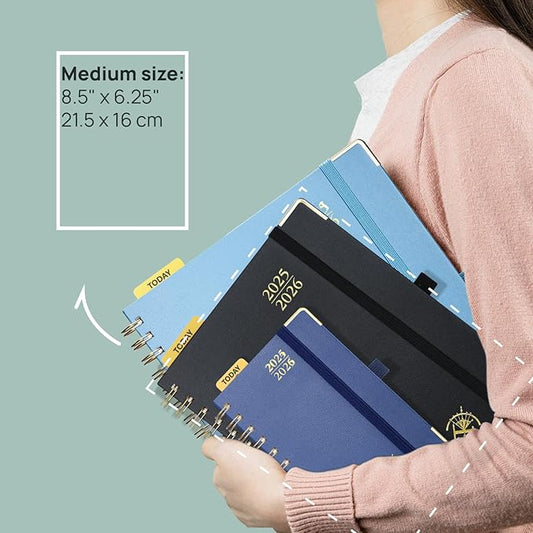 POPRUN Academic Planner 2025-2026 (July 2025-June 2026), Daily Weekly and Monthly Appointment Book (Wirebound Hard Cover - 6.25'' x 8.5'') with Hourly Time Slots, Tabs, 100 GSM - Haze Blue