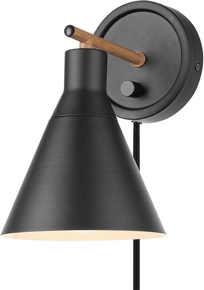GLOBE Electric 51725 1-Light Dimmable Plug-in or Hardwire Wall Sconce, Matte Black, Faux Walnut Accent, Stepless Dimming Rotary Switch on Canopy, Black Fabric Cord, Bulb Not Included