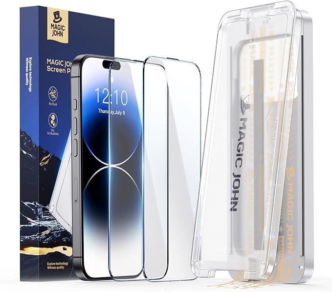 MAGIC JOHN 2 Pack for iPhone 14 Pro Screen Protector, with Shatterproof Tempered Film, Auto Dust-Elimination, Bubble Free & HD Clear, Easy Installation for iPhone 14 Pro/6.1 Inch