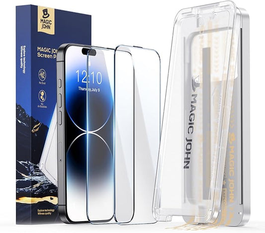MAGIC JOHN 2 Pack for iPhone 14 Pro Screen Protector, with Shatterproof Tempered Film, Auto Dust-Elimination, Bubble Free & HD Clear, Easy Installation for iPhone 14 Pro/6.1 Inch