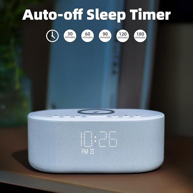 Sound Machine Alarm Clock Wireless Charger: Bluetooth 10W Stereo Sound Speaker Bedroom - White Noise Machine for Sleeping with 21 Soothing Sounds