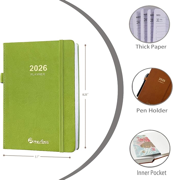 2026 Daily Planner/Calendar, One Page Per Day, Daily Monthly Agenda Planner with Time Slots and Monthly Tabs, Jan - Dec 2026, 5.7" x 8.25" Appointment Book, Pen Holder, Leather Cover (2026-Chartreuse)
