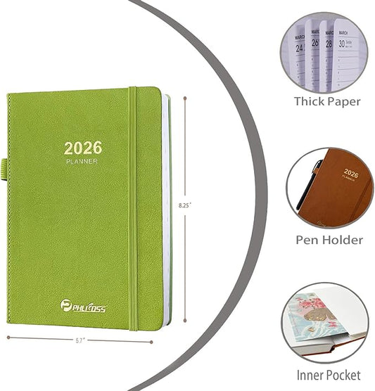 2026 Daily Planner/Calendar, One Page Per Day, Daily Monthly Agenda Planner with Time Slots and Monthly Tabs, Jan - Dec 2026, 5.7" x 8.25" Appointment Book, Pen Holder, Leather Cover (2026-Chartreuse)