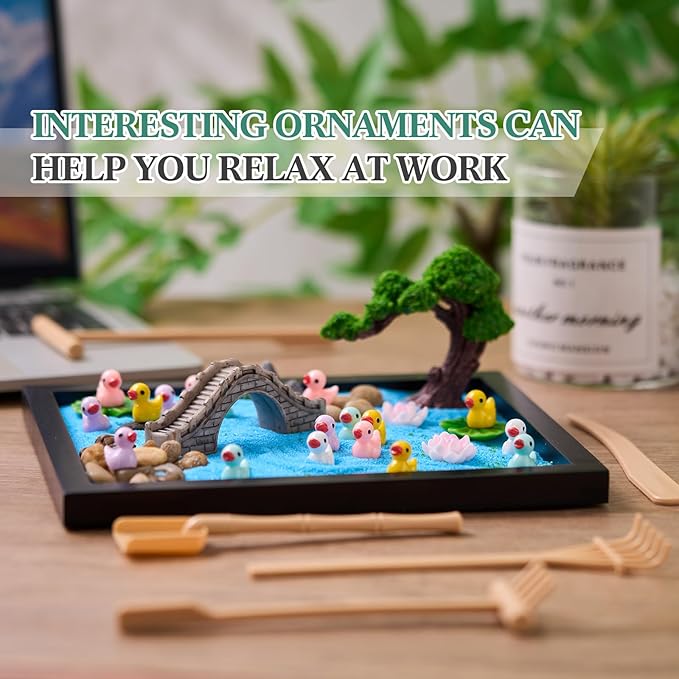 Soulchen Zen Garden Kit for Desk Decor Zen Sand Garden Box Set with Black Wooden Tray, Blue Sand, Tools & Accessories Japanese Gifts for Desktop Meditation Room Office Home(Duck)