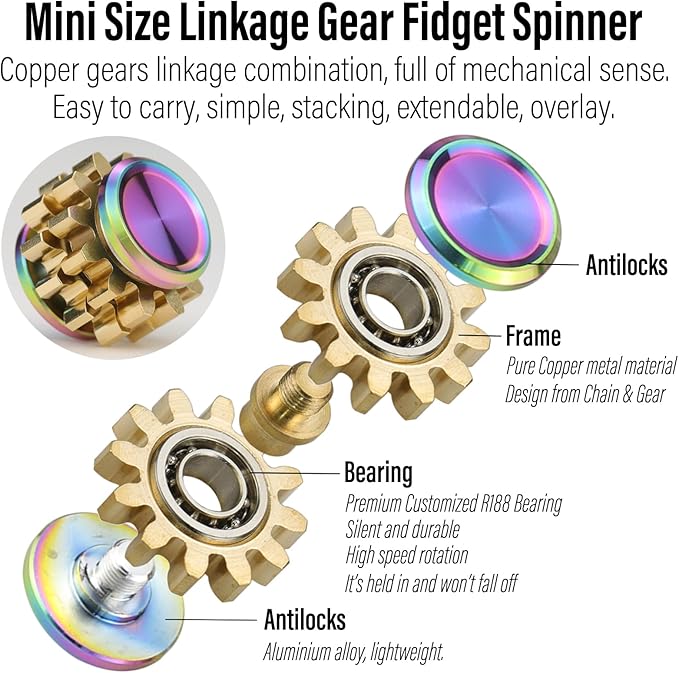 FREELOVE Gear Metal Fidget Spinner Toys for Adults, Small Mini Tiny Pockget Figette, Bike Chain, Copper Brass Hands Gyro, Quiet Silent Cool Cube for Anxiety Men (2 Gears Stacked, Rainbow-Brass)