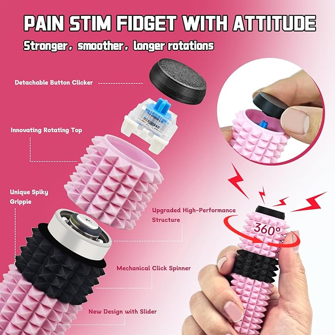 Little Ouchies Spiky Sensory Fidget Toy for Adults – Pain Stim Tool with Clicker, Spinner, Slider, Roller & Spiky Grip | 5‑in‑1 Stress & Anxiety Relief, Portable Keychain(Black & Pink)