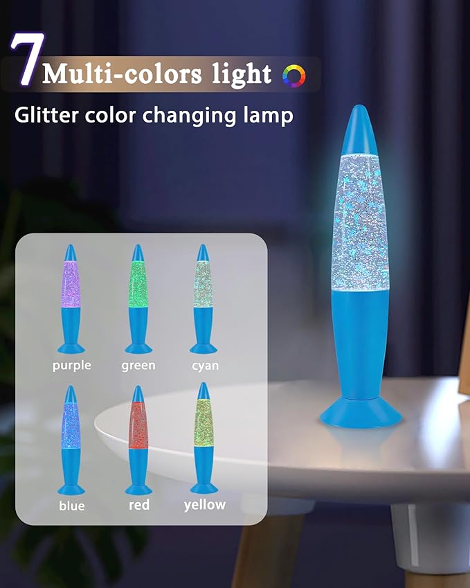 13 Inches Blue Glitter Lamp with Hexagonal and Pentagonal Sparkles Large Adored by Adults and Kids for Years, Glitter Blue Night Light for Boys Girls Bedroom Office Decor, Relaxing