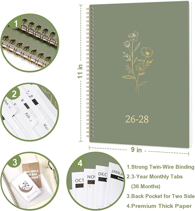 2026-2028 Monthly Planner/Calendar - 3 Year Monthly Planner 2026-2028, Jan 2026 - Dec 2028, 9" x 11", 2026 Calendar Planner with Tabs, Inner Pocket, Holidays, Notes Pages