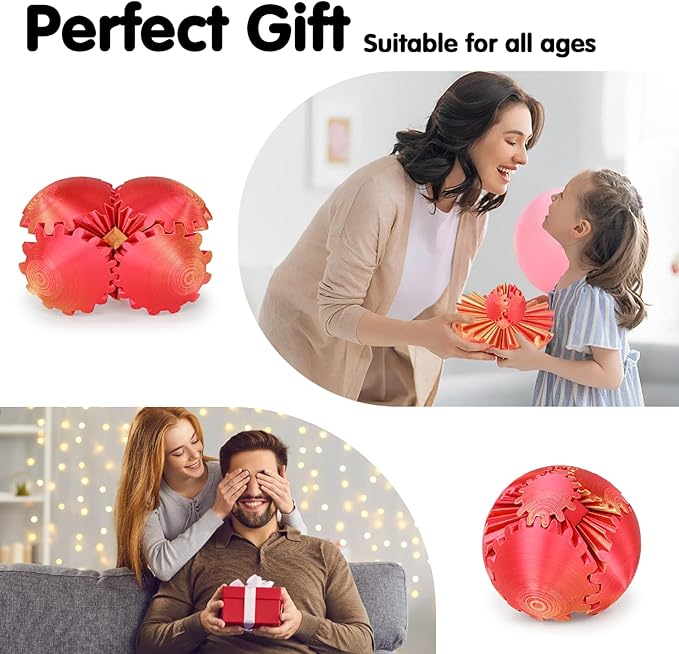 Gear Ball 3D Printed Spin Ball or Cube Fidget Toy,Gear Sphere Fidget Toy,Fidget Ball Gear Toy for Stress and Anxiety Relief, Stress Ball GearSphere Desk Toy for Adults & Kids(Golden Red, 3.1 Inch)