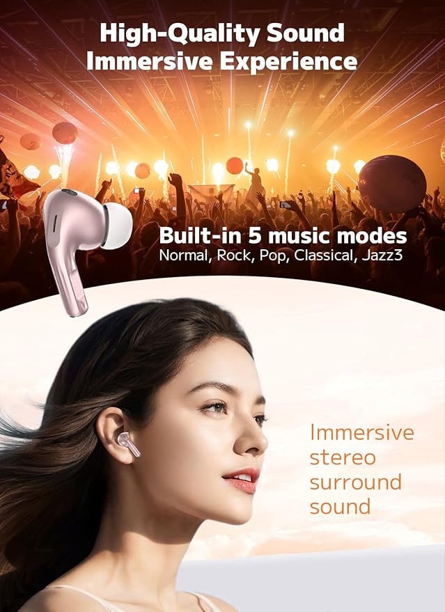 Wireless Earbuds, Bluetooth 5.4 Ear Buds with Multifunctional Touch Screen, ANC/ENC Noise Cancelling Headphones with 48H Playtime, Bass Stereo Sound, for Laptop, Android/iOS, Pad, Rose Gold