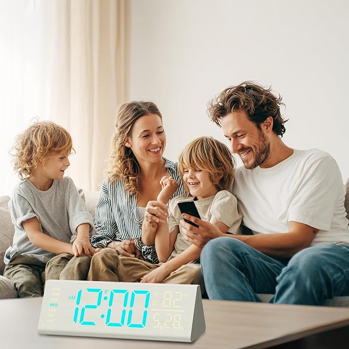 Solid Wood Digital Alarm Clock for Bedroom - 8.8 Inch Large Display for Living Room, See Time Instantly! Multicolor Backlight Time Display, Dual Alarms, Date/Temp/Day, DST, Snooze (White)