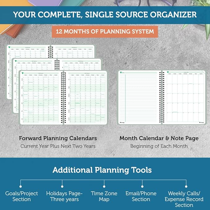 Planner Pad Spiral Bound January-December 2026/ Calendar Year 6 3/4" x 8 1/2" Medium 3-Tier Funnel Down 12 Month Organizer, Greenish Grey Cover/Soft Green Ink