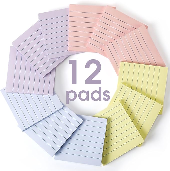 12 Pack Pastel Lined Sticky Notes 3x3 Inch Post Ruled Stickies Super Self Stick Power Memo Pads Multi Colors Notes Pads Vintage Aesthetic School Office Supplies Accessories