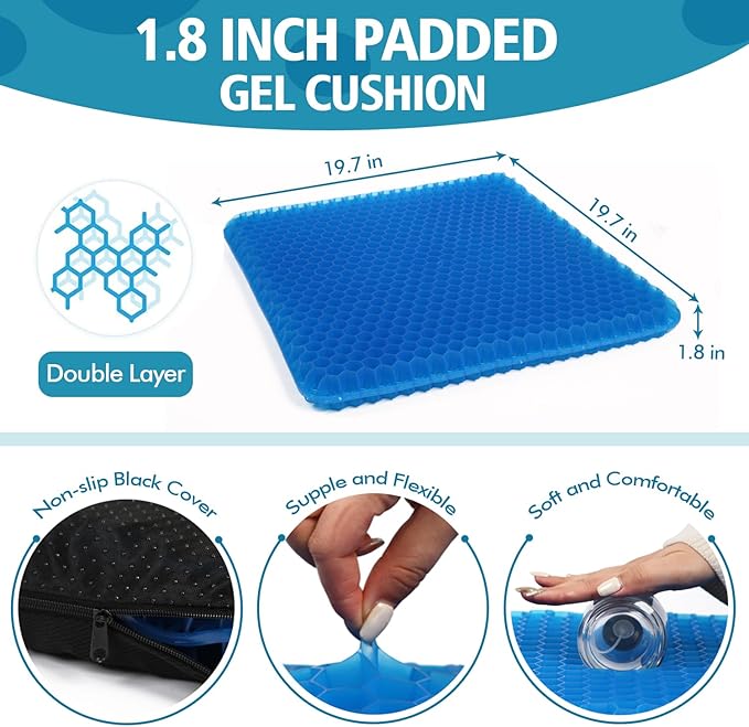 Gel Seat Cushion (20"x20"x2") for Long Sitting, Super Large Gel Cushions for Elderly Pressure Relief, Office/Desk Chair, Wheelchair, Car & Airplane Seat, Couch, Stadium Cushion Pads