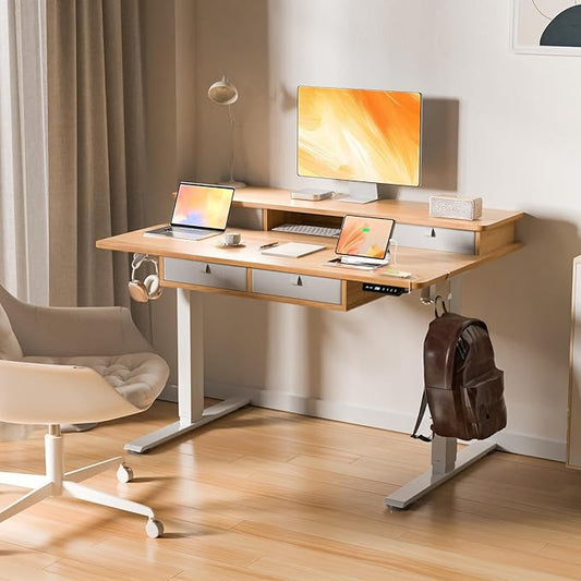 48 * 30 Inches Electric Standing Widened Desk Adjustable Height with 4 Drawers, Double Storage Shelves, Home Office Workstation Sit Stand up Desk (Nature)