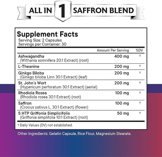 NEW AGE Saffron Supplements with Ashwagandha - Support with L-Theanine, Ginkgo Biloba, St. John's Wort, Rhodiola Rosea & 5-HTP - Saffron 60 Count