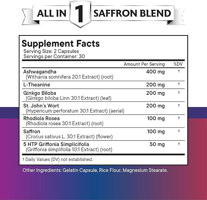 NEW AGE Saffron Supplements with Ashwagandha - Support with L-Theanine, Ginkgo Biloba, St. John's Wort, Rhodiola Rosea & 5-HTP - Saffron 120 Count