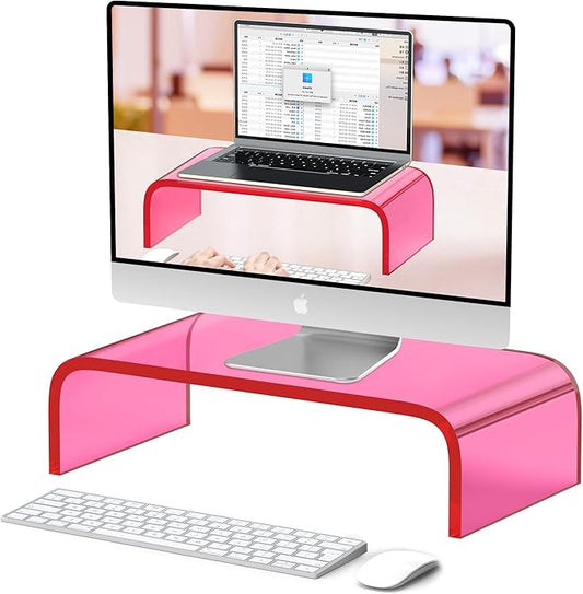 Acrylic Monitor Stand Riser Acrylic Laptop Stand for Desk Clear Computer Monitor Stand for Desk Accessories iMac Organizer Office Must-Haves Product for Working from Home Bright Pink