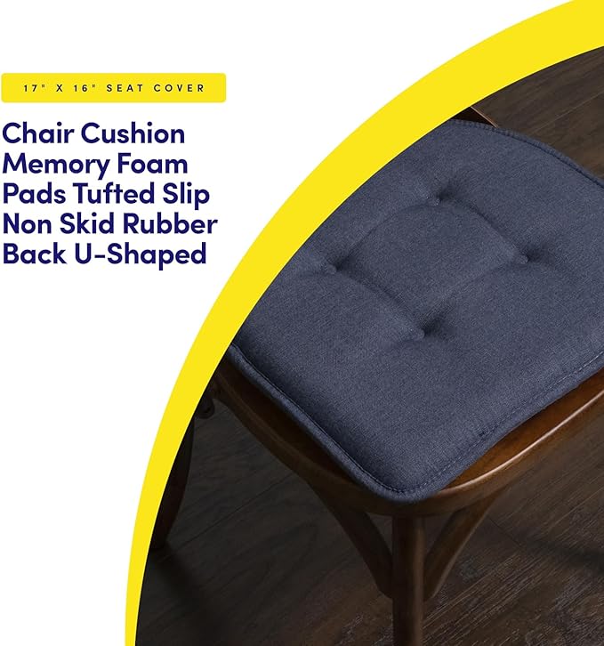 Sweet Home Collection Chair Cushion Memory Foam Pads Tufted Slip Non Skid Rubber Back U-Shaped 17" x 16" Seat Cover, 12 Count (Pack of 1), Denim Blue