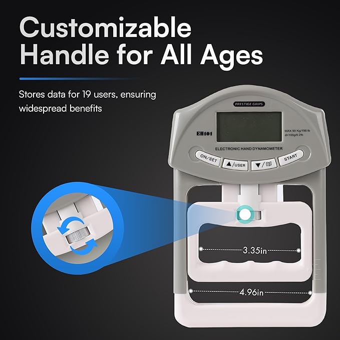Grip Strength Tester - Hand Strengthening Device With Precision Sensors & Adjustable Handle - Hand Dynamometer Fits Most Hands - 90 Kgs/198 Lbs. Max Power Reading - For Home - Sports - Rehab & Clinical Use