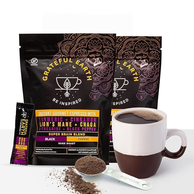 Grateful Earth Mushroom Coffee, Instant Espresso with Lion’s Mane Mushrooms, Chaga, L-Theanine, Super Brain Nootropic Blend, Focus, Energy, Immune Support & Gut Health, Dairy & Gluten Free, 20 Packets