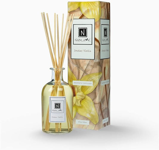 Nabila K Smokey Vanilla Reed Diffuser Set – Warm Fruity & Woodsy Aromatic Oil for Home – Long-Lasting, Smokeless Scent – Made in USA – Includes Reeds + Bottle – Flameless Candle Alternative