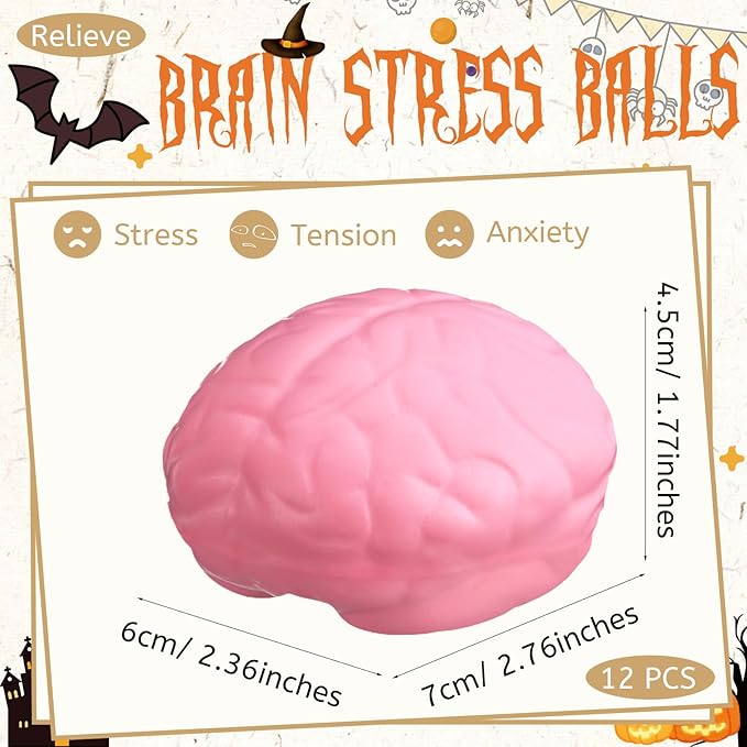 Leitee 12 Pcs Brain Stress Balls Bulk Large Halloween Brain Toys PU Hand Muscle Exercise Pressure Ball Funny Stress Relief Toy for Teens Adult Improving Grip Strength Prop(Pink)