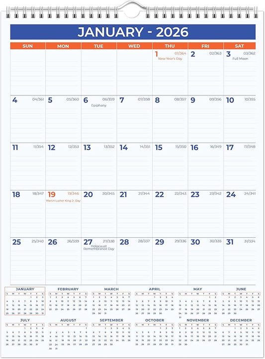 2026 Wall Calendar - January 2026 - December 2026, 12 Monthly Hanging Calendar, 2026 Planner, A4 Size 8.5" x 11", Spiral Binding, Holidays, Julian Dates, Large Blocks, Twin-Wire Binding, Hanging Hook, (1 Pack)
