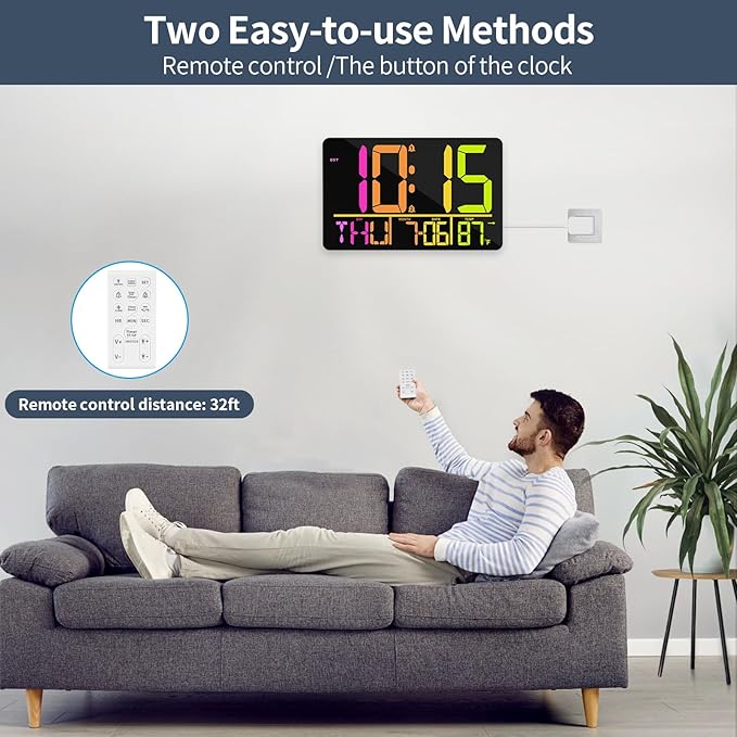 13" Large Digital Wall Clock with Remote, RGB Color Changing, 25 Ringtones, 0-100% Auto/Custom Brightness, Temperature, Calendar, 12/24H, DST, Timer, for Living Room/Bedroom/Office/Elderly