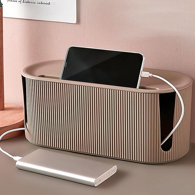 Cable Management Box,Desk Cord Organizer with Groove Cover,Plastic Cord Hider Box,Large Cable Box Organizer,Power Socket Management for TV/Computer/Router/Games Console Cable Storage (Milk Tea)