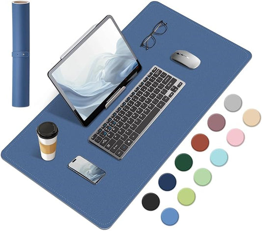 Dual-Sided Desk Pad, Natural Cork & PU Leather Mouse Pad for Desk, Desk Pad Protector, Non-Slip Desk Mat for Office and Home Work, (Lake Blue, 23.6" x 13.7")