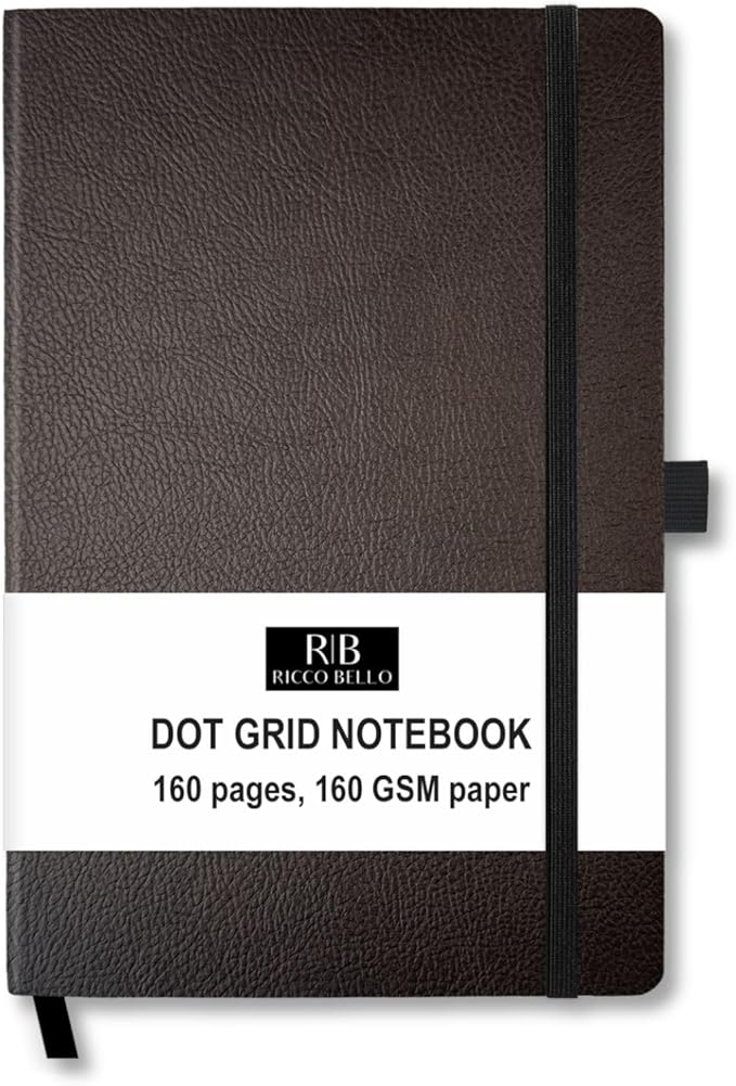 RICCO BELLO Hardcover Dot Grid Journal Notebook, Lay Flat Design, Pen Holder, 5.7 x 8.4 inches, Thick 160 gsm Paper, 80 sheets/160 pages (Dark Brown)